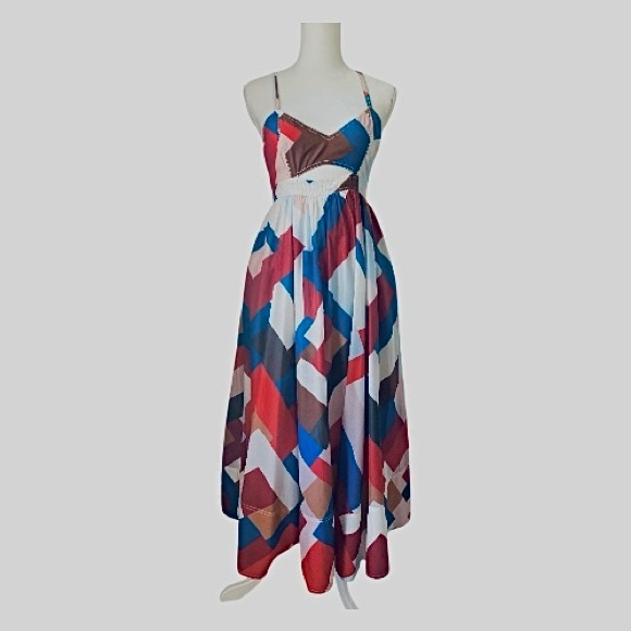 Banana Republic Isa Cotton-Silk   Geometric Maxi Dress Sz 4 - Picture 4 of 11